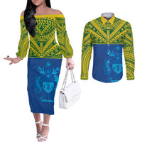 Solomon Islands Rugby Custom Couples Matching Off The Shoulder Long Sleeve Dress and Long Sleeve Button Shirt Simple Coat of arm Polynesian Pattern LT9 Gold - Polynesian Pride