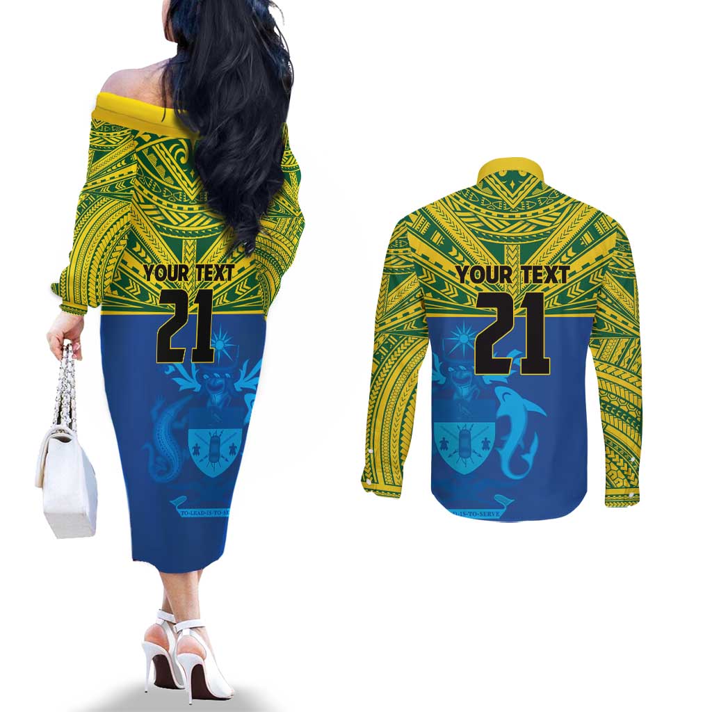 Solomon Islands Rugby Custom Couples Matching Off The Shoulder Long Sleeve Dress and Long Sleeve Button Shirt Simple Coat of arm Polynesian Pattern LT9 - Polynesian Pride
