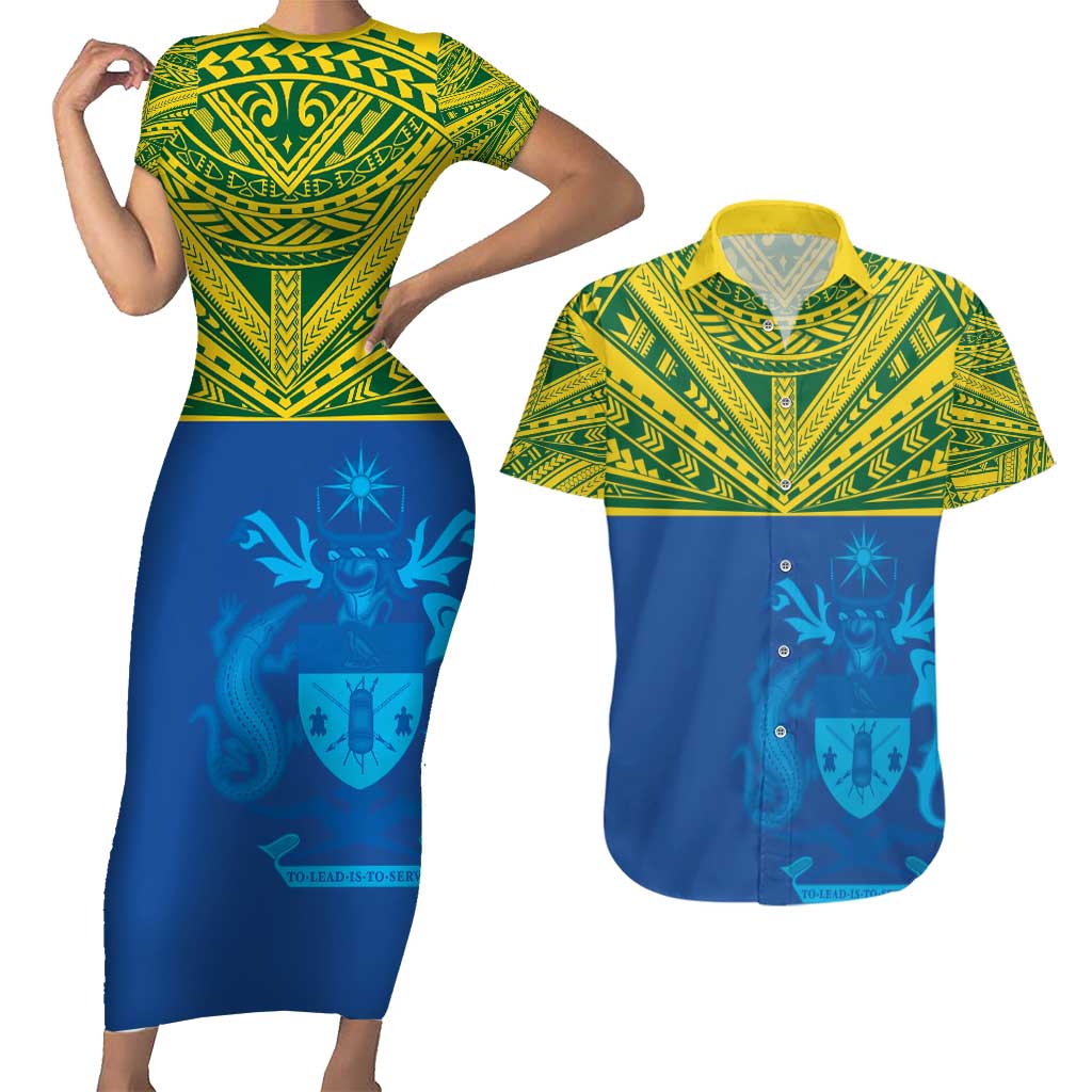 Solomon Islands Rugby Custom Couples Matching Short Sleeve Bodycon Dress and Hawaiian Shirt Simple Coat of arm Polynesian Pattern
