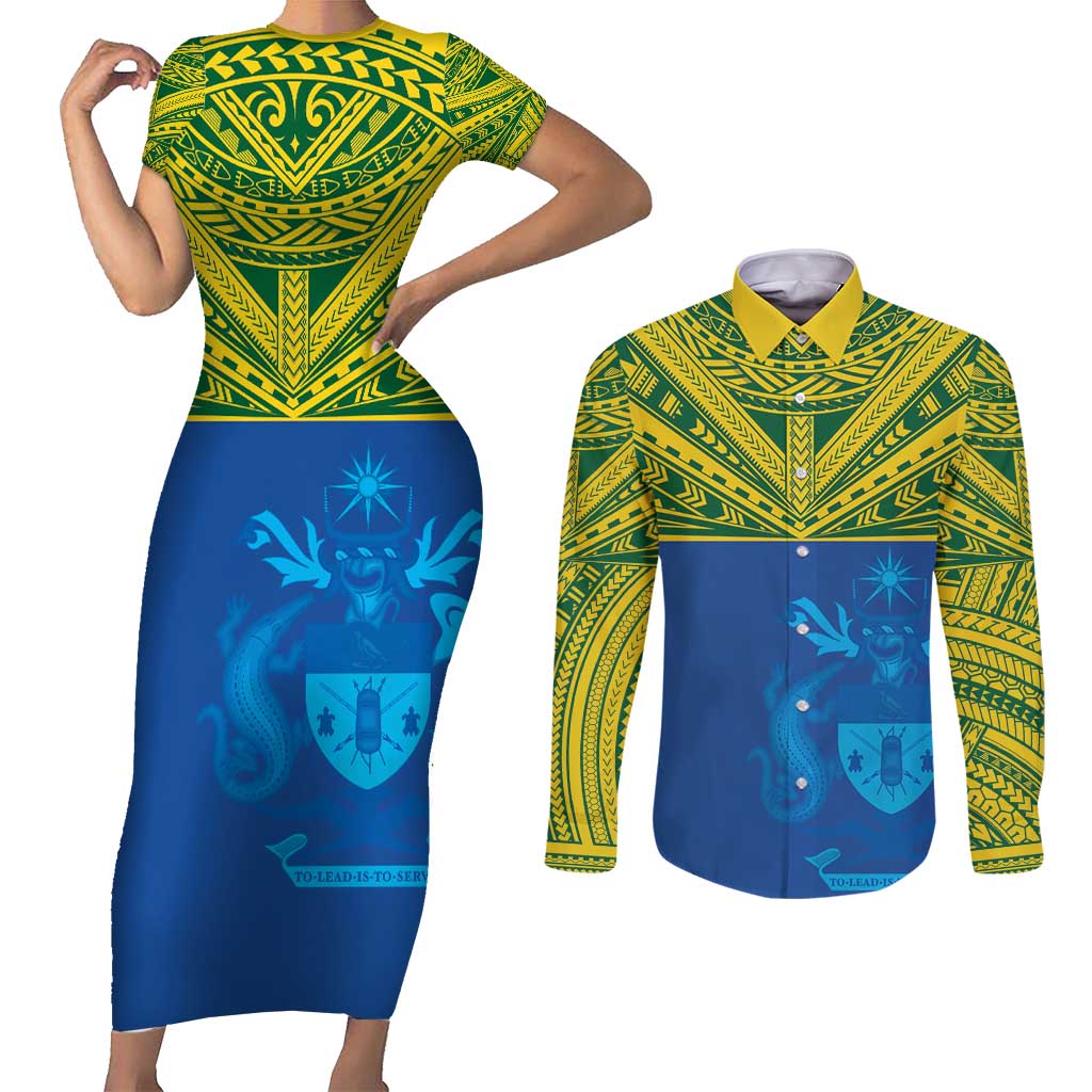 Solomon Islands Rugby Custom Couples Matching Short Sleeve Bodycon Dress and Long Sleeve Button Shirt Simple Coat of arm Polynesian Pattern