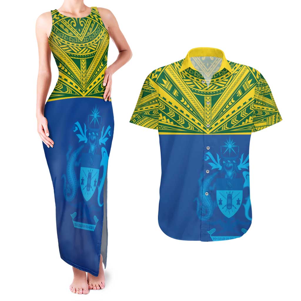 Solomon Islands Rugby Custom Couples Matching Tank Maxi Dress and Hawaiian Shirt Simple Coat of arm Polynesian Pattern LT9 Gold - Polynesian Pride