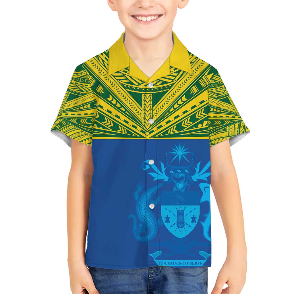 Solomon Islands Rugby Custom Family Matching Long Sleeve Bodycon Dress and Hawaiian Shirt Simple Coat of arm Polynesian Pattern LT9 Son's Shirt Gold - Polynesian Pride