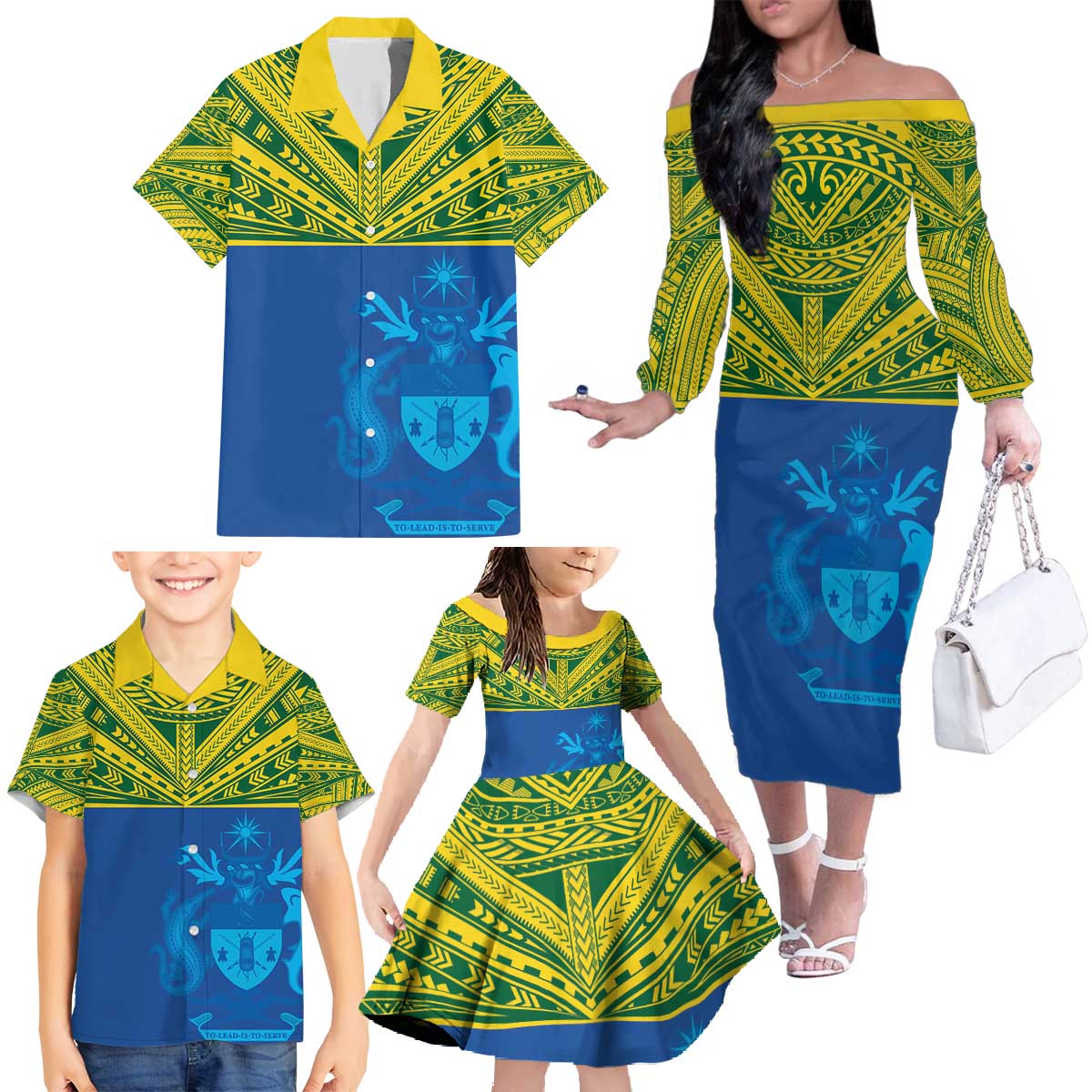 Solomon Islands Rugby Custom Family Matching Off The Shoulder Long Sleeve Dress and Hawaiian Shirt Simple Coat of arm Polynesian Pattern LT9 - Polynesian Pride