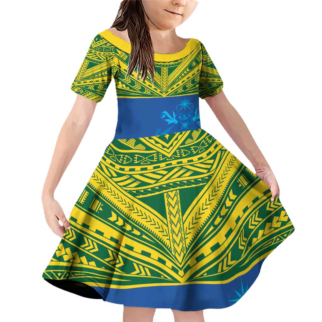 Solomon Islands Rugby Custom Family Matching Off Shoulder Short Dress and Hawaiian Shirt Simple Coat of arm Polynesian Pattern LT9 Daughter's Dress Gold - Polynesian Pride