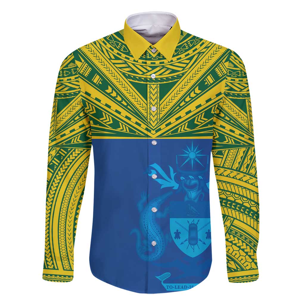 Solomon Islands Rugby Custom Family Matching Off Shoulder Short Dress and Hawaiian Shirt Simple Coat of arm Polynesian Pattern LT9 Dad's Shirt - Long Sleeve Gold - Polynesian Pride