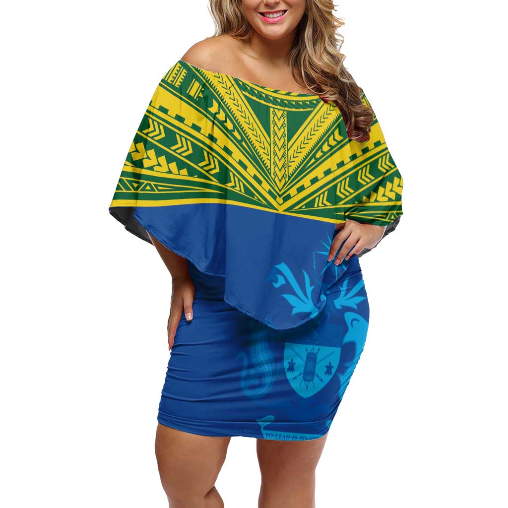 Solomon Islands Rugby Custom Family Matching Off Shoulder Short Dress and Hawaiian Shirt Simple Coat of arm Polynesian Pattern LT9 Mom's Dress Gold - Polynesian Pride