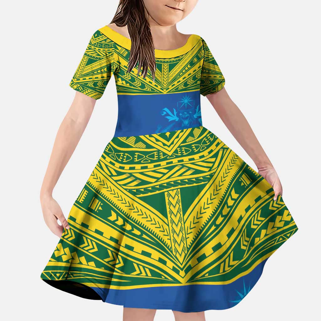 Solomon Islands Rugby Custom Family Matching Puletasi and Hawaiian Shirt Simple Coat of arm Polynesian Pattern LT9 Daughter's Dress Gold - Polynesian Pride