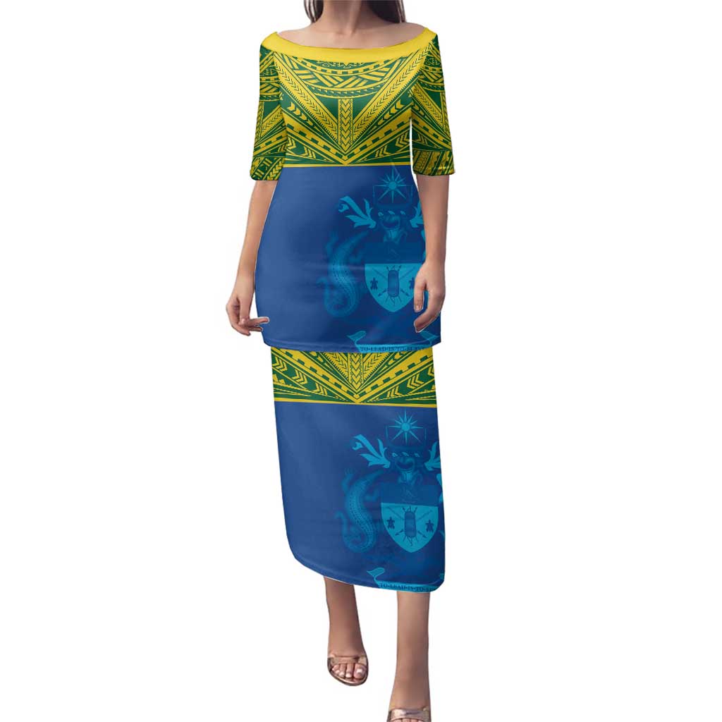 Solomon Islands Rugby Custom Family Matching Puletasi and Hawaiian Shirt Simple Coat of arm Polynesian Pattern LT9 Mom's Dress Gold - Polynesian Pride