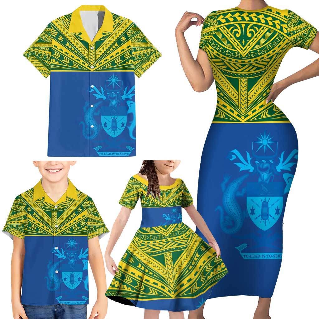 Solomon Islands Rugby Custom Family Matching Short Sleeve Bodycon Dress and Hawaiian Shirt Simple Coat of arm Polynesian Pattern