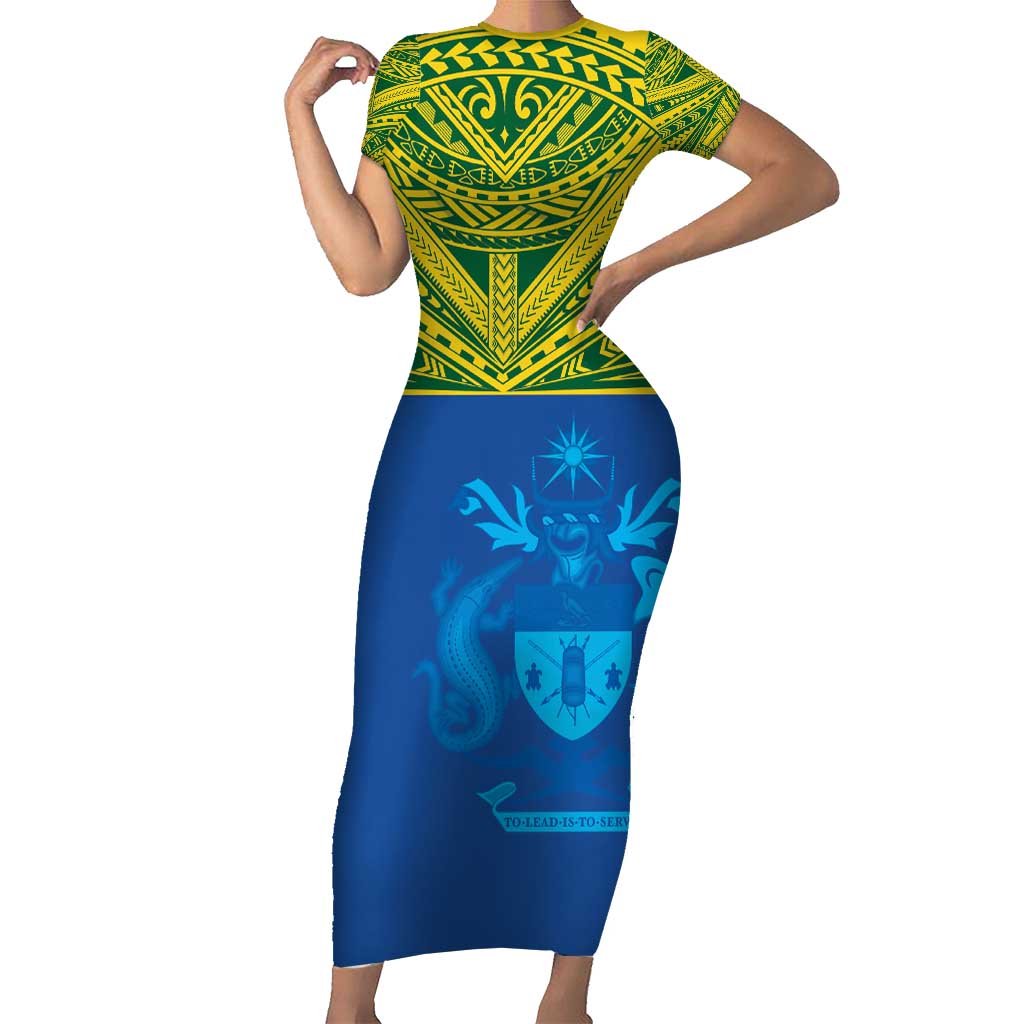 Solomon Islands Rugby Custom Family Matching Short Sleeve Bodycon Dress and Hawaiian Shirt Simple Coat of arm Polynesian Pattern LT9 Mom's Dress Gold - Polynesian Pride