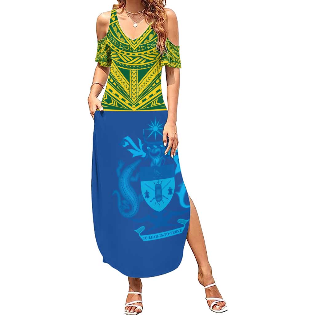 Solomon Islands Rugby Custom Family Matching Summer Maxi Dress and Hawaiian Shirt Simple Coat of arm Polynesian Pattern LT9 Mom's Dress Gold - Polynesian Pride