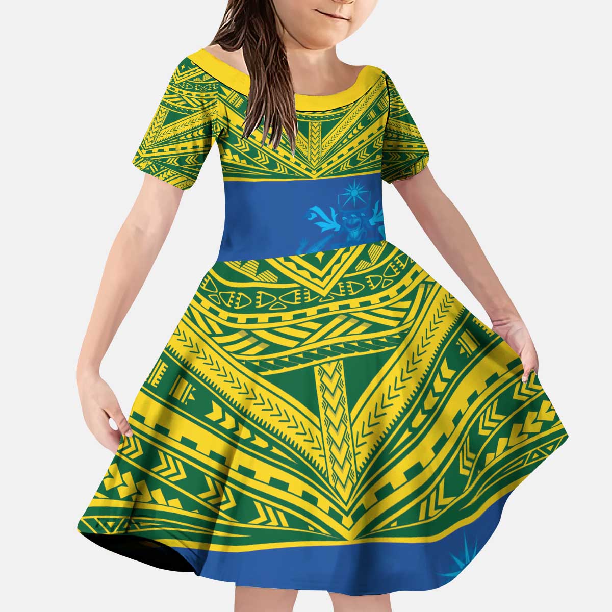 Solomon Islands Rugby Custom Kid Short Sleeve Dress Simple Coat of arm Polynesian Pattern