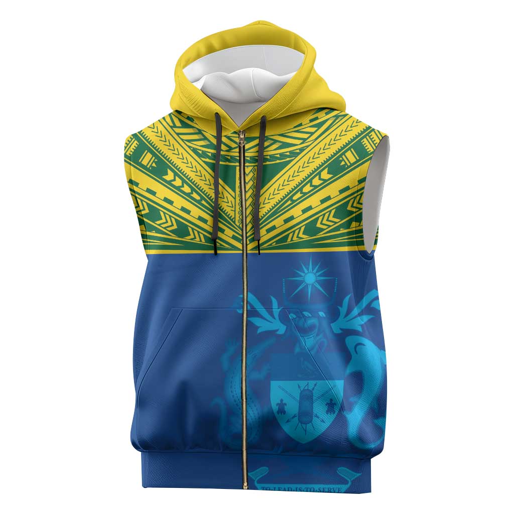Solomon Islands Rugby Custom Sleeveless Zip Hoodie Simple Coat of arm Polynesian Pattern - Polynesian Pride