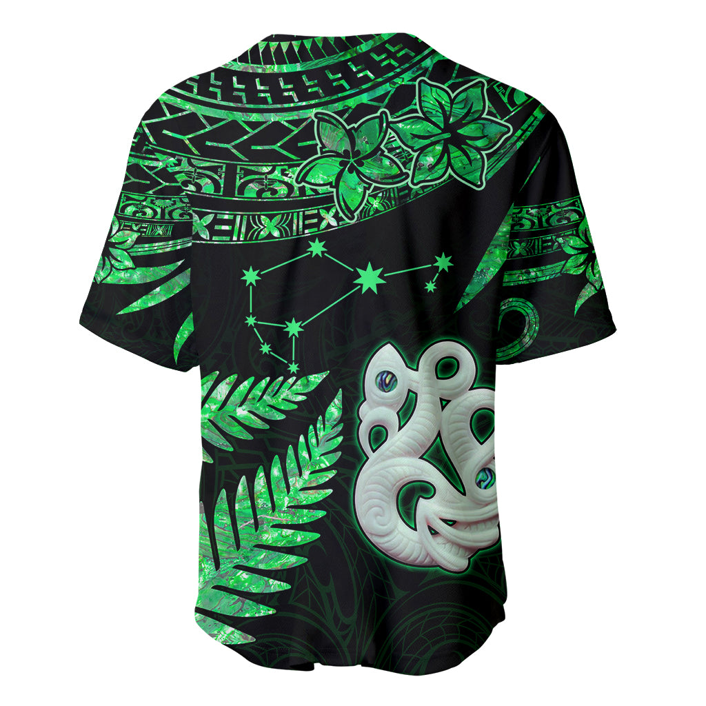 Custom Maori Baseball Jersey Matariki Stars Manaia with Paua Shell - Green LT9 - Polynesian Pride