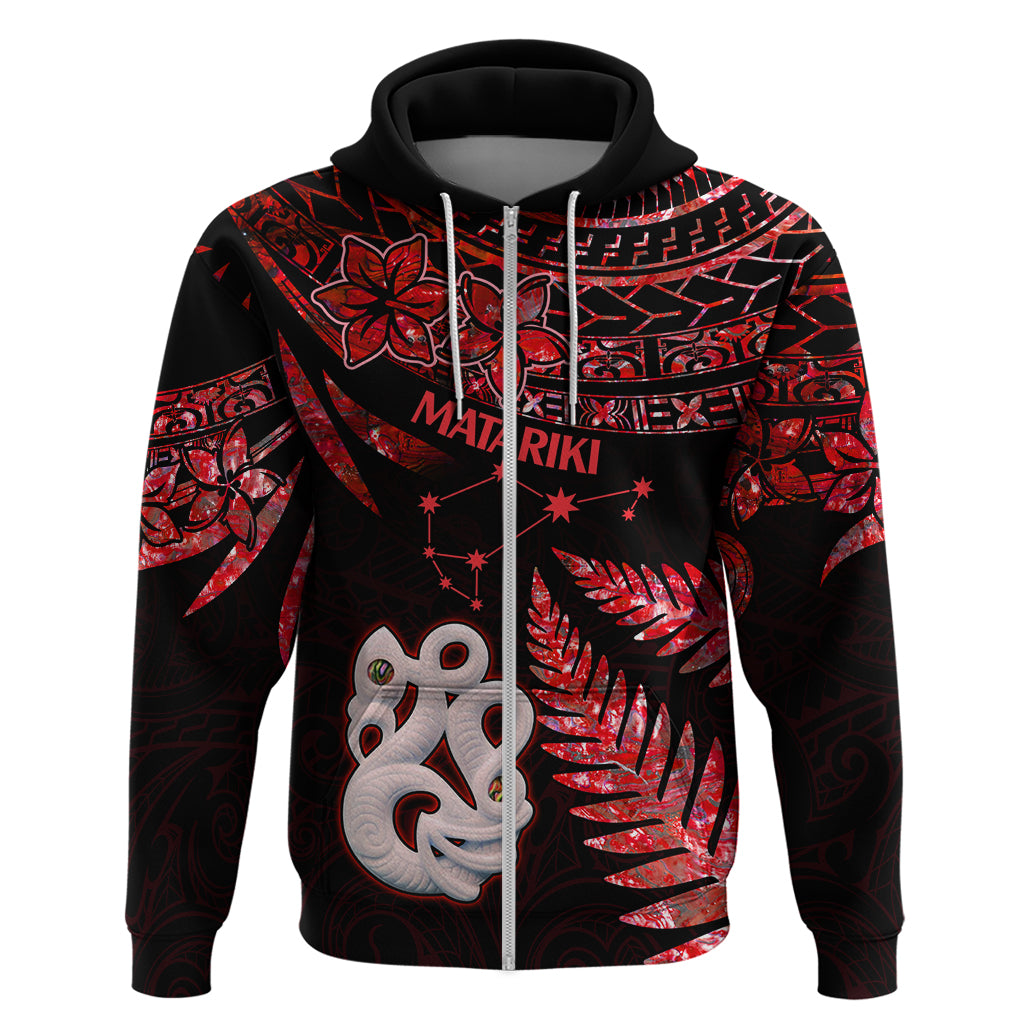 Matariki Hoodie NZ New Year Manaia with Paua Shell Red LT9 - Polynesian Pride