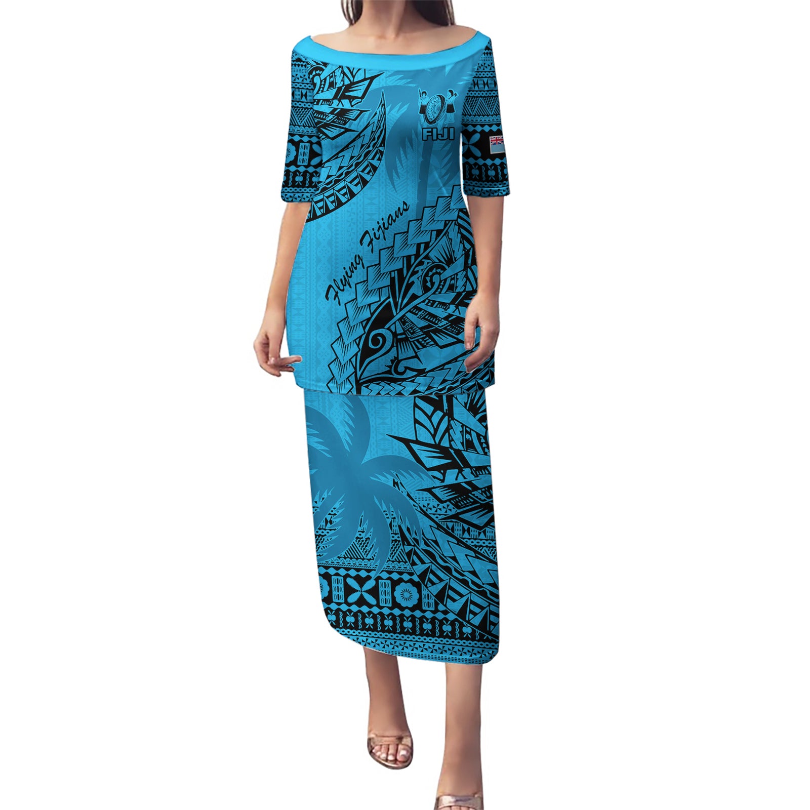 Custom Fiji Rugby Puletasi Kaiviti Fijian Tribal World Cup Blue No1 LT9 Long Dress Blue - Polynesian Pride