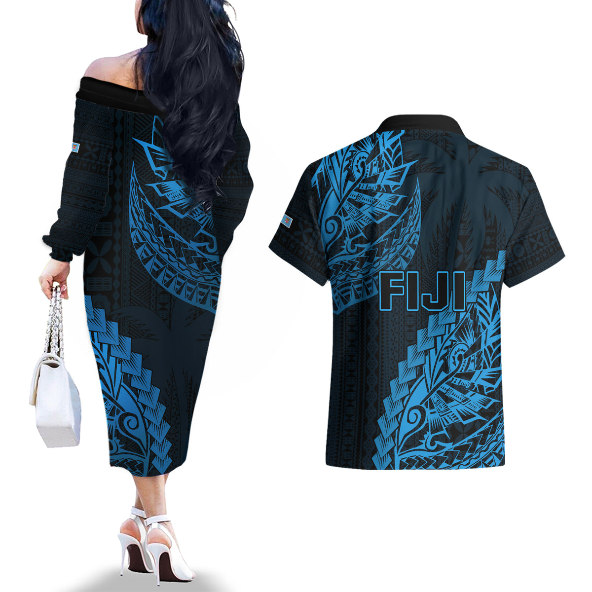 Fiji Rugby Couples Matching Off The Shoulder Long Sleeve Dress and Hawaiian Shirt Kaiviti Fijian Tribal World Cup Blue No2 LT9 - Polynesian Pride