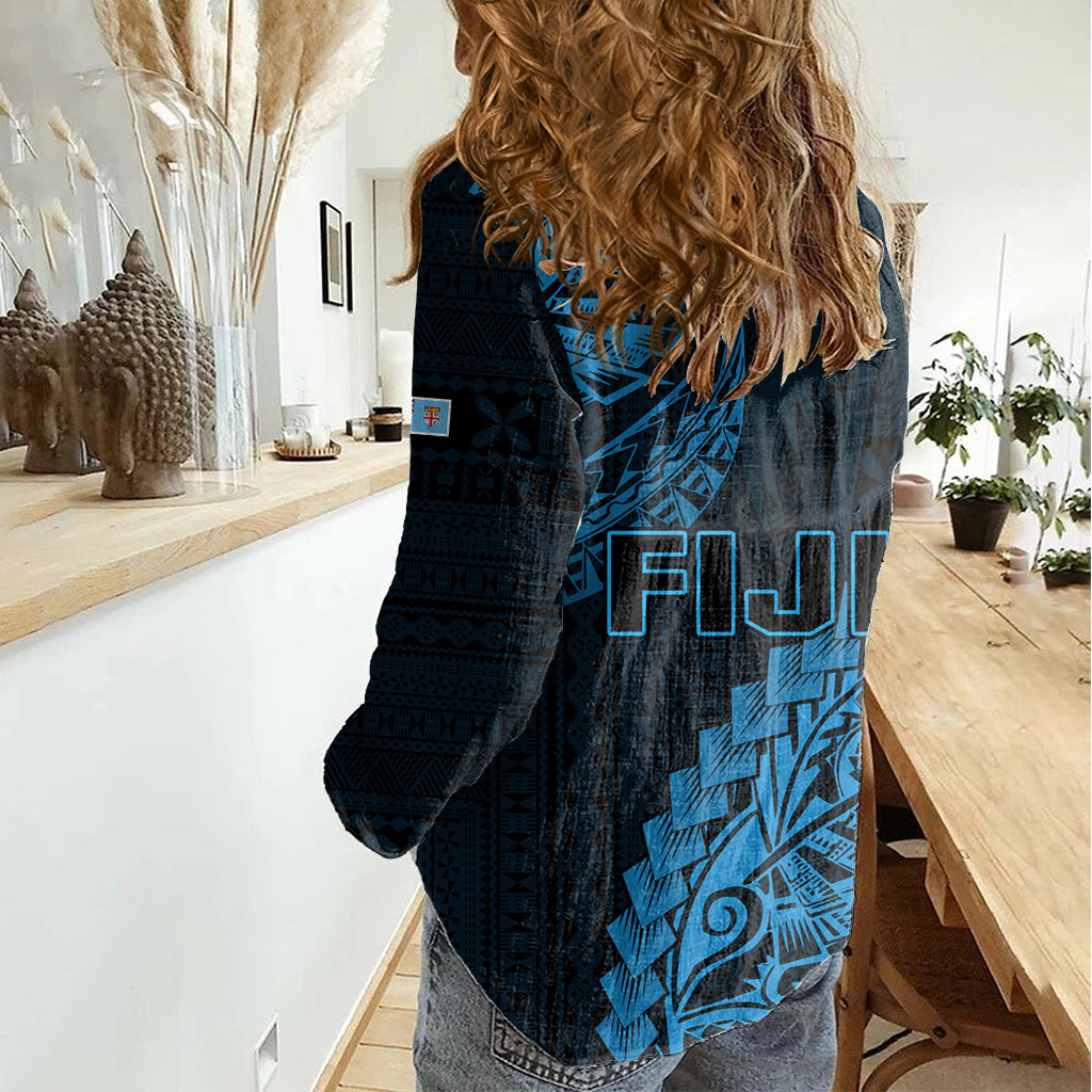 Fiji Rugby Women Casual Shirt Kaiviti Fijian Tribal World Cup Blue No2 LT9 - Polynesian Pride