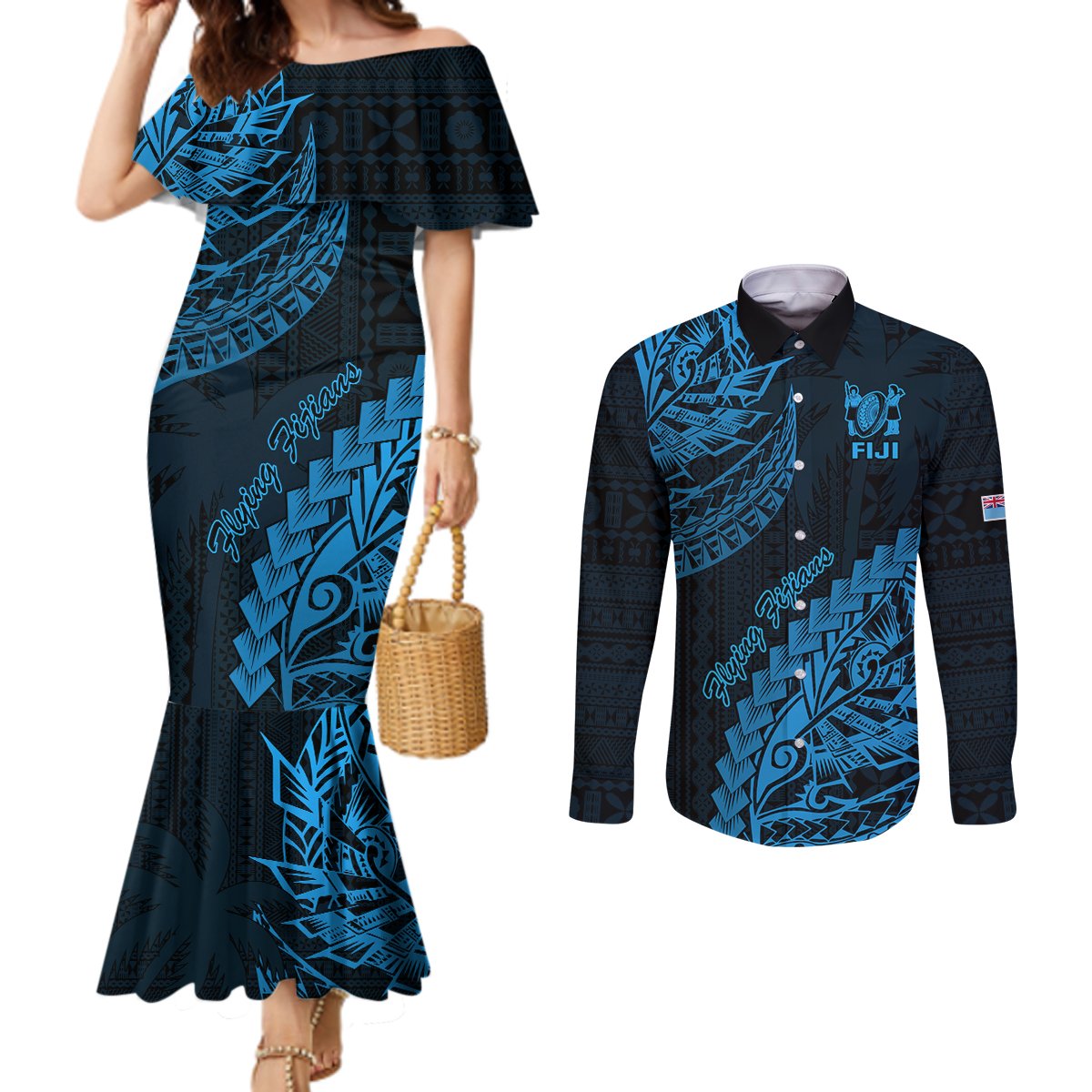 Custom Fiji Rugby Couples Matching Mermaid Dress and Long Sleeve Button Shirt Kaiviti Fijian Tribal World Cup Blue No2 LT9 Blue - Polynesian Pride
