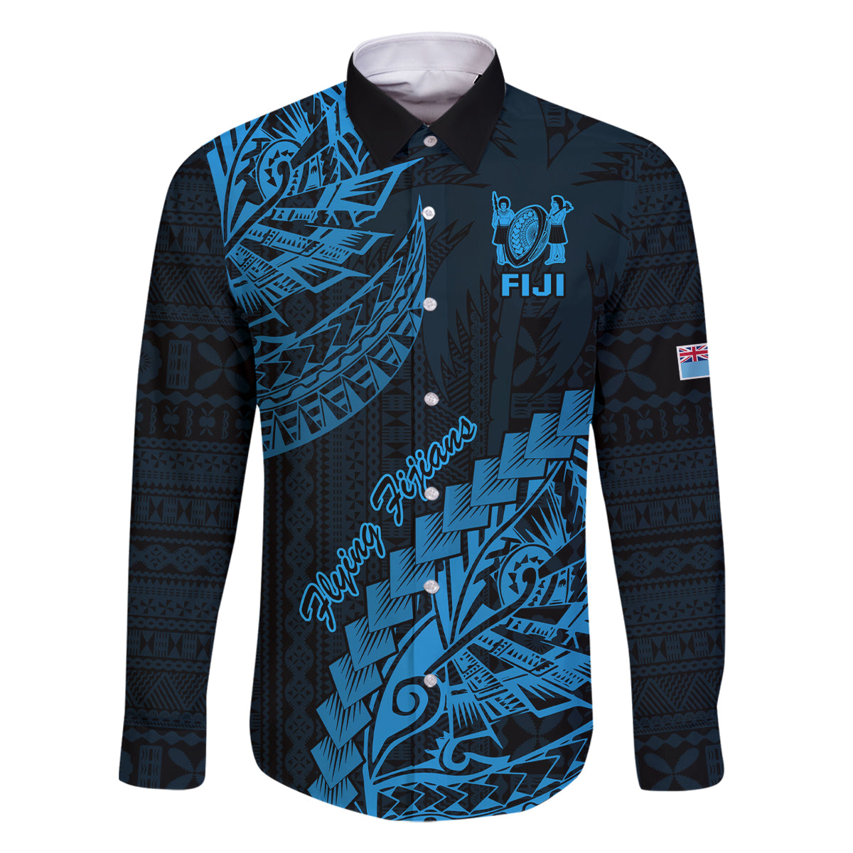 Custom Fiji Rugby Family Matching Off Shoulder Maxi Dress and Hawaiian Shirt Kaiviti Fijian Tribal World Cup Blue No2 LT9 Dad's Shirt - Long Sleeve Blue - Polynesian Pride
