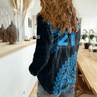 Custom Fiji Rugby Women Casual Shirt Kaiviti Fijian Tribal World Cup Blue No2 LT9 - Polynesian Pride