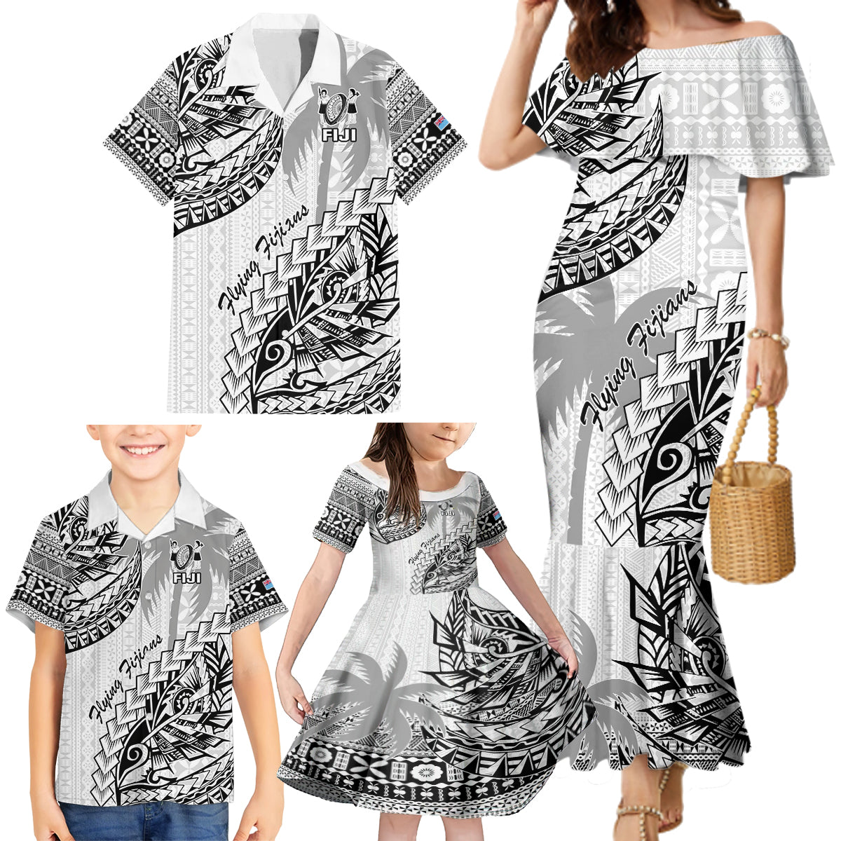 Custom Fiji Rugby Family Matching Mermaid Dress and Hawaiian Shirt Kaiviti Fijian Tribal World Cup White LT9 - Polynesian Pride