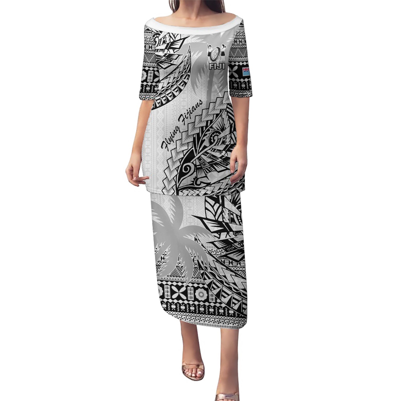 Custom Fiji Rugby Puletasi Kaiviti Fijian Tribal World Cup White LT9 Long Dress White - Polynesian Pride