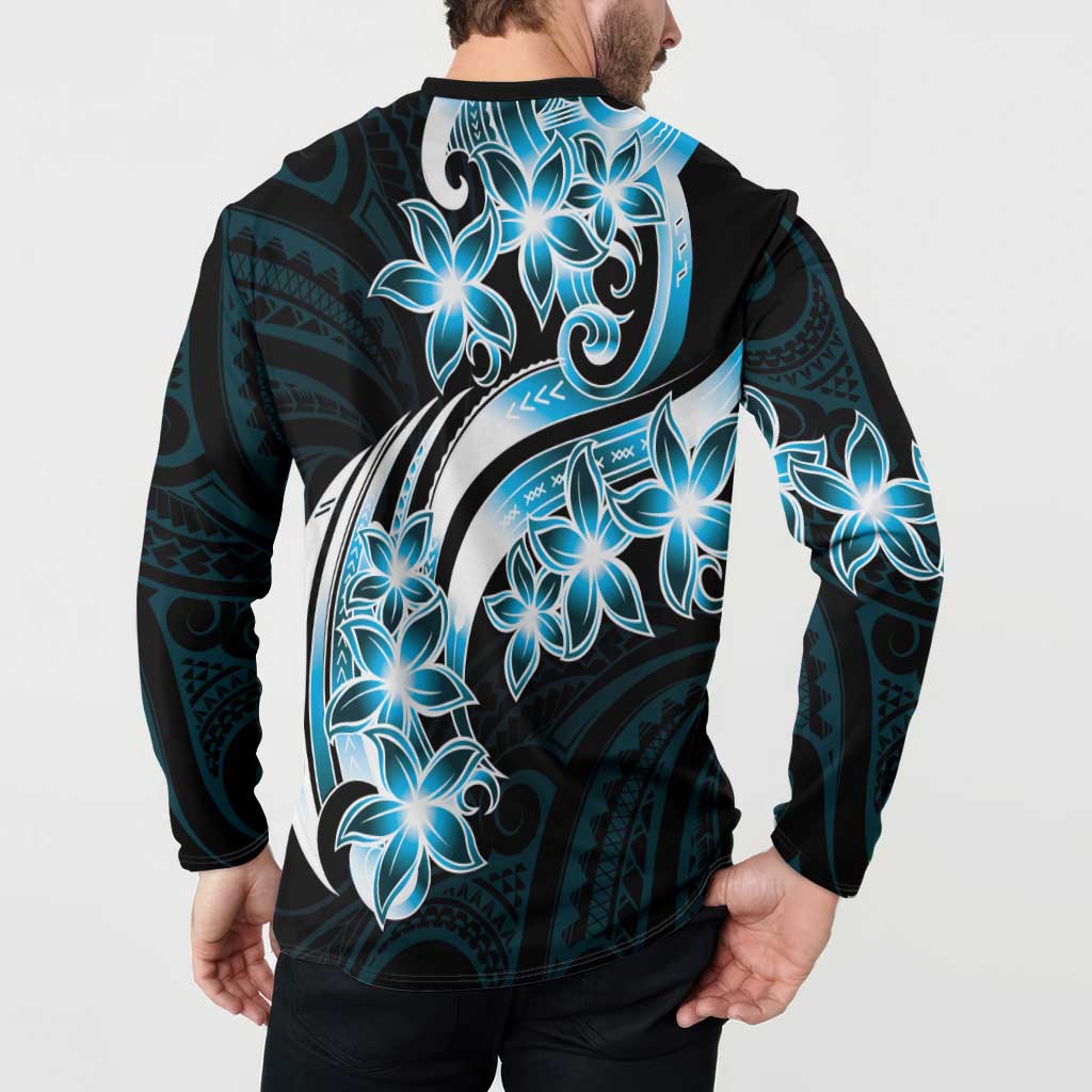Plumeria Tribal Tattoo Button Sweatshirt Blue Polynesian Pattern