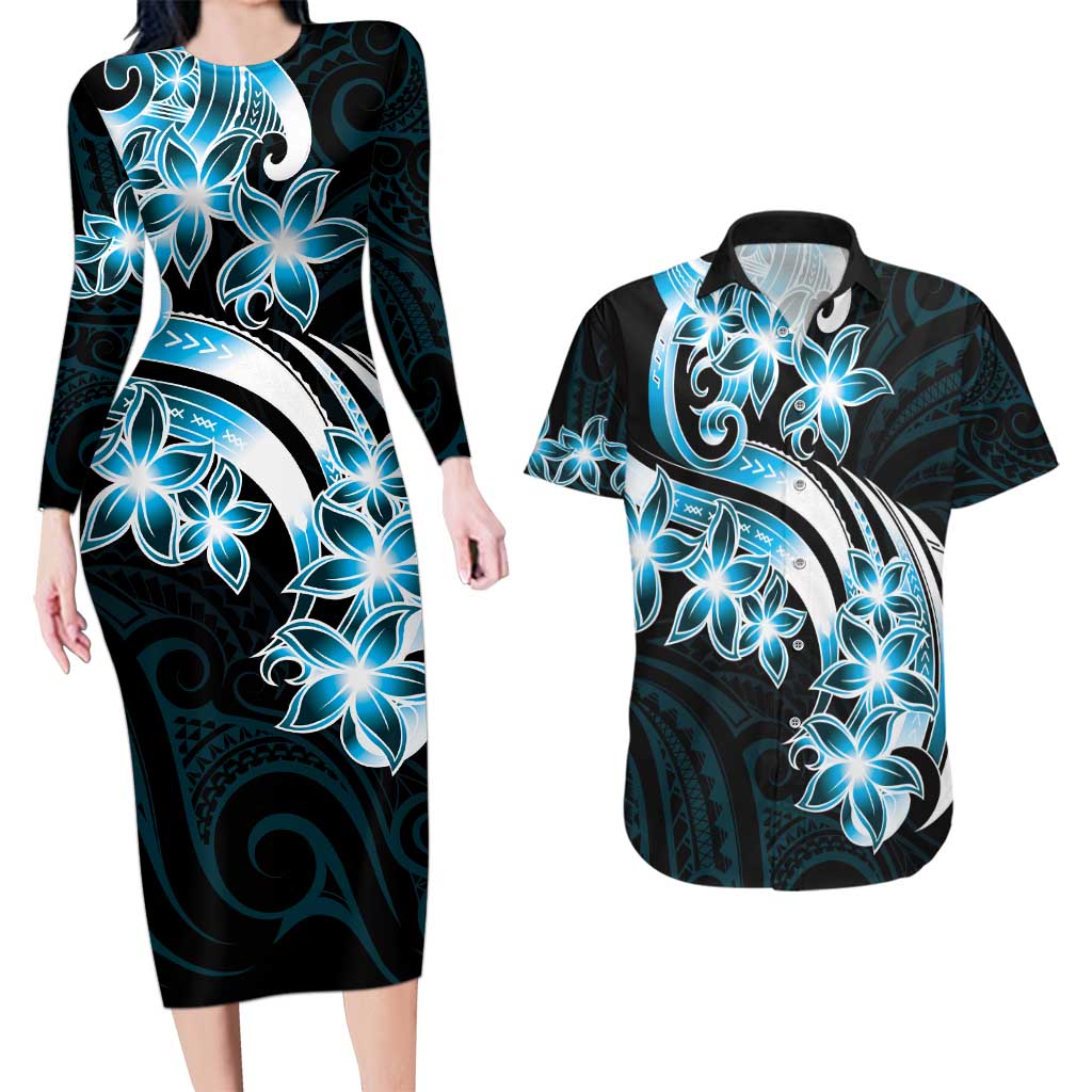Plumeria Tribal Tattoo Couples Matching Long Sleeve Bodycon Dress and Hawaiian Shirt Blue Polynesian Pattern LT9 Blue - Polynesian Pride