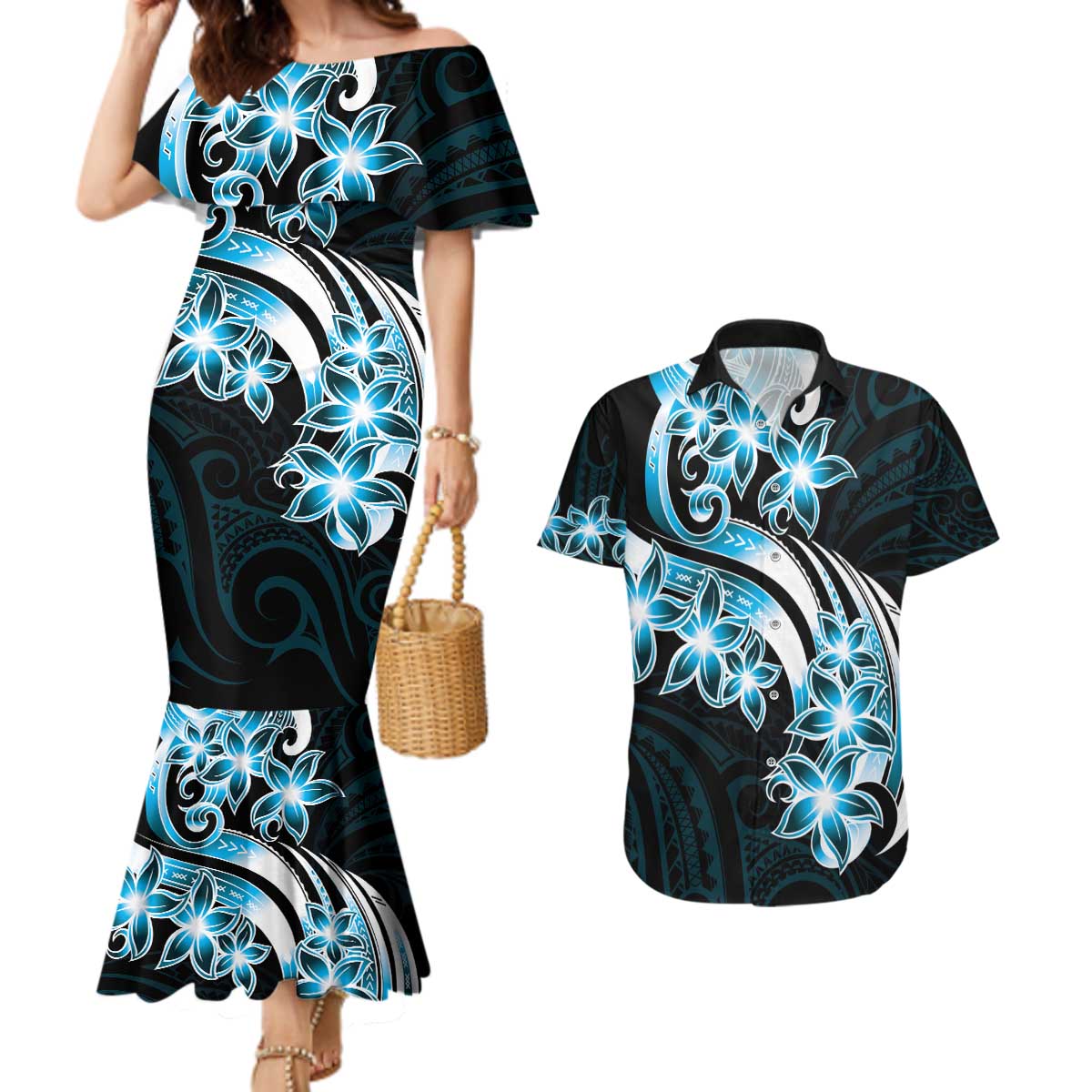 Plumeria Tribal Tattoo Couples Matching Mermaid Dress and Hawaiian Shirt Blue Polynesian Pattern LT9 Blue - Polynesian Pride