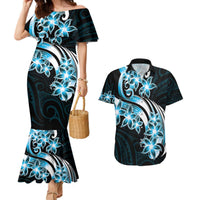 Plumeria Tribal Tattoo Couples Matching Mermaid Dress and Hawaiian Shirt Blue Polynesian Pattern LT9 Blue - Polynesian Pride