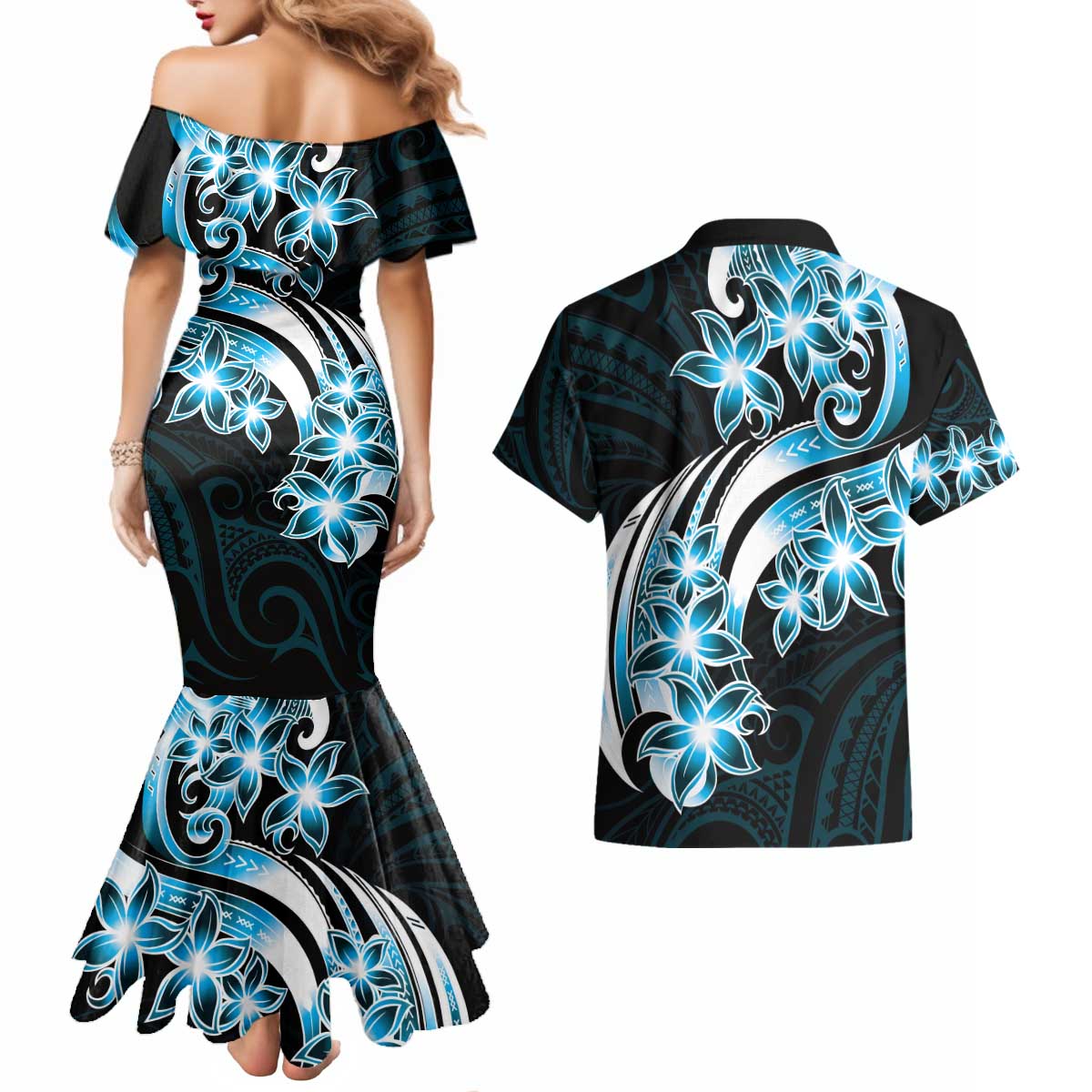 Plumeria Tribal Tattoo Couples Matching Mermaid Dress and Hawaiian Shirt Blue Polynesian Pattern LT9 - Polynesian Pride