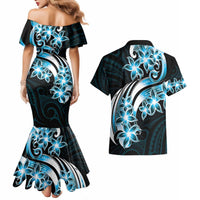 Plumeria Tribal Tattoo Couples Matching Mermaid Dress and Hawaiian Shirt Blue Polynesian Pattern LT9 - Polynesian Pride