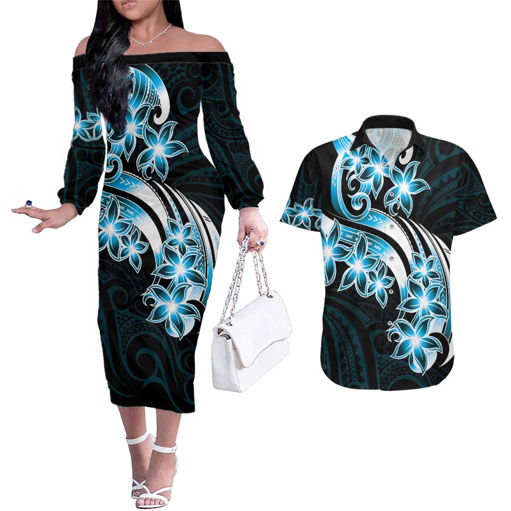 Plumeria Tribal Tattoo Couples Matching Off The Shoulder Long Sleeve Dress and Hawaiian Shirt Blue Polynesian Pattern