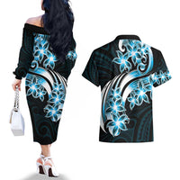Plumeria Tribal Tattoo Couples Matching Off The Shoulder Long Sleeve Dress and Hawaiian Shirt Blue Polynesian Pattern LT9 - Polynesian Pride