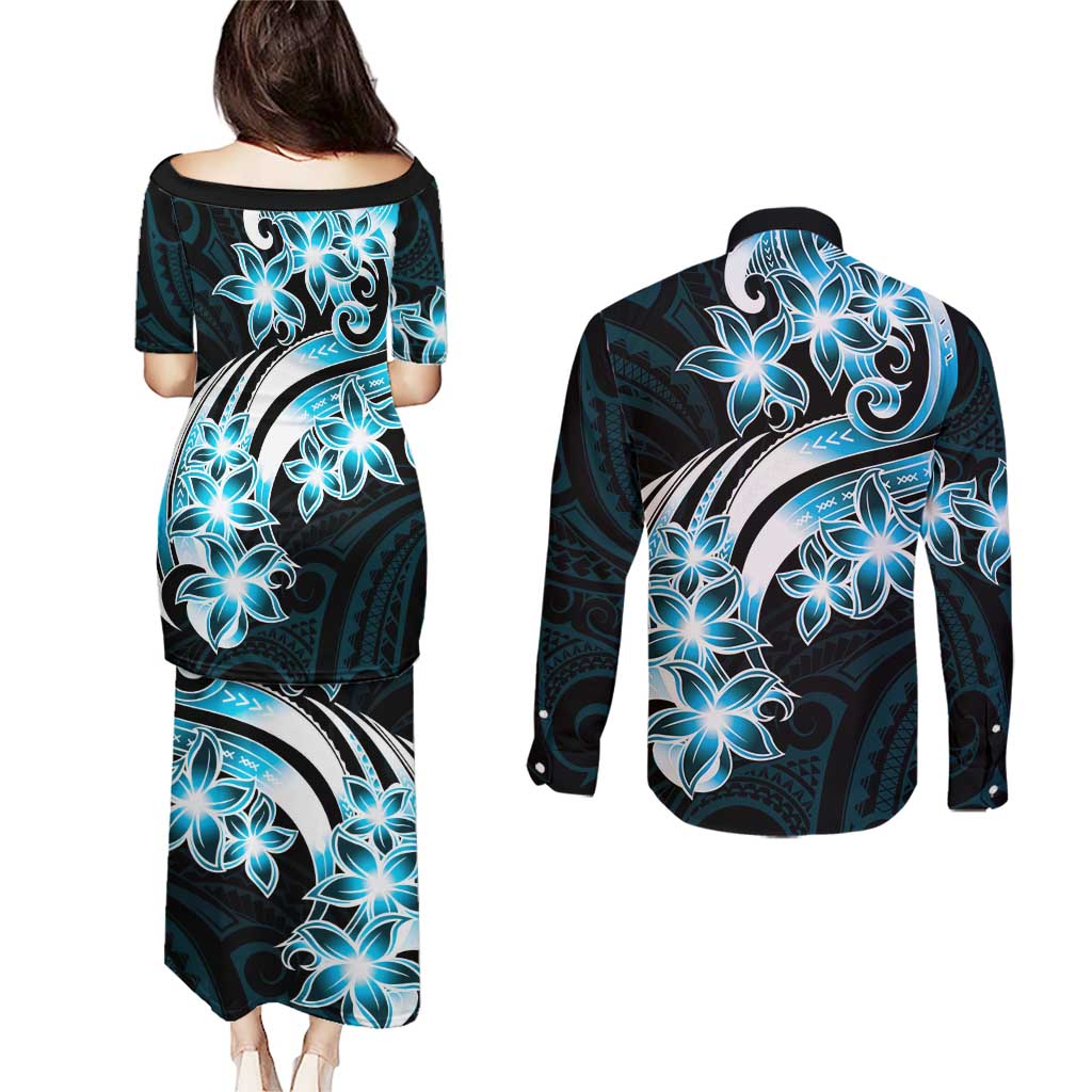 Plumeria Tribal Tattoo Couples Matching Puletasi and Long Sleeve Button Shirt Blue Polynesian Pattern