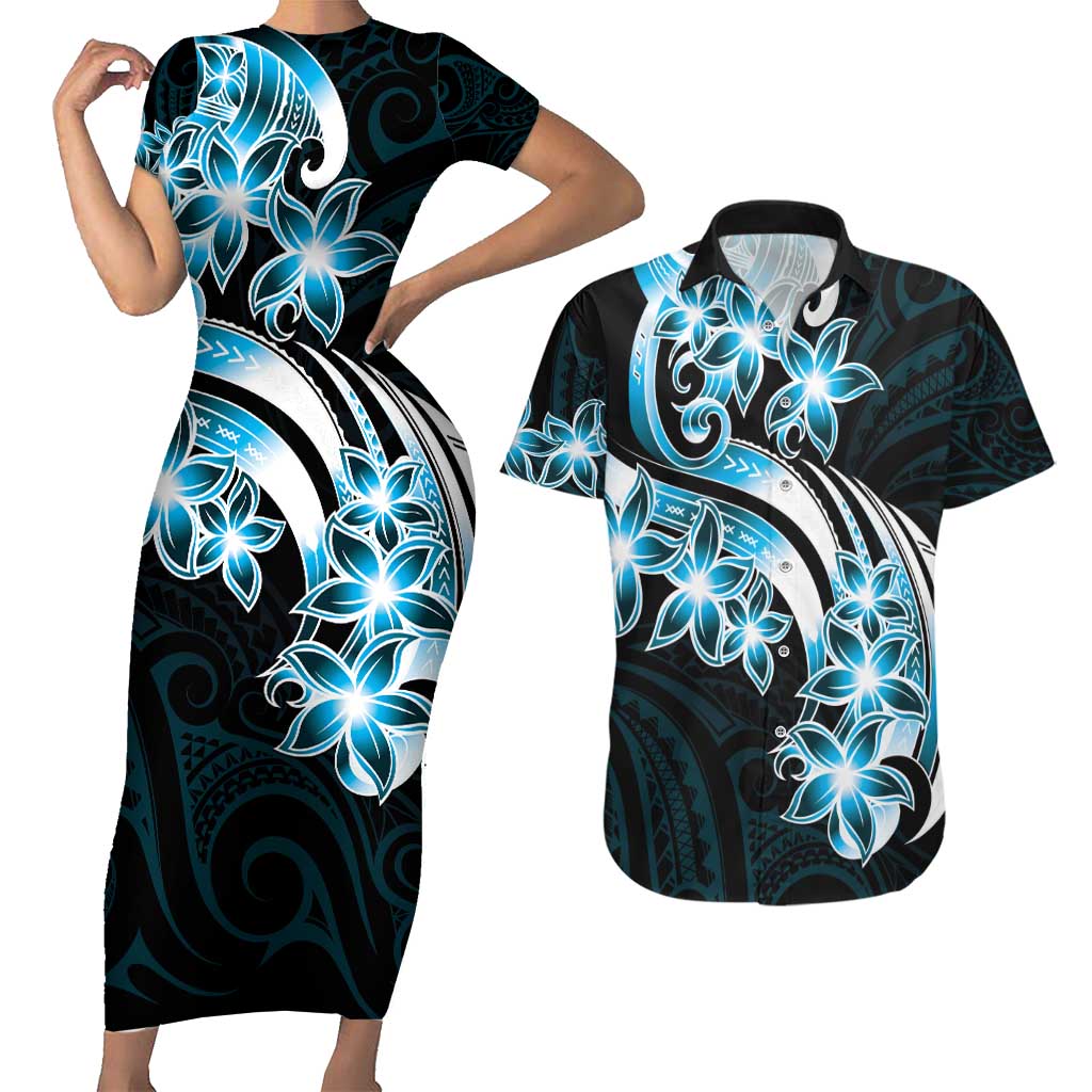Plumeria Tribal Tattoo Couples Matching Short Sleeve Bodycon Dress and Hawaiian Shirt Blue Polynesian Pattern LT9 Blue - Polynesian Pride