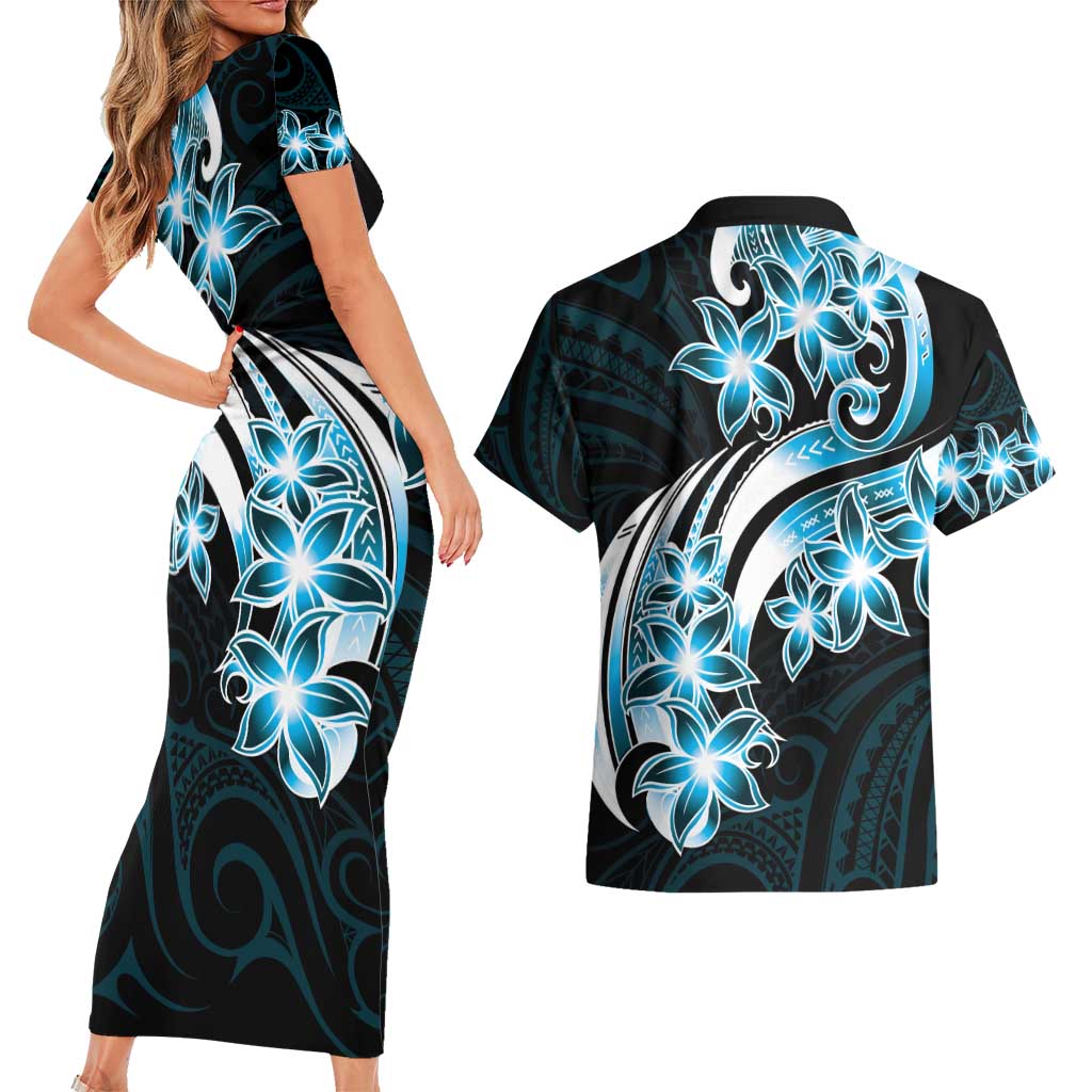 Plumeria Tribal Tattoo Couples Matching Short Sleeve Bodycon Dress and Hawaiian Shirt Blue Polynesian Pattern LT9 - Polynesian Pride
