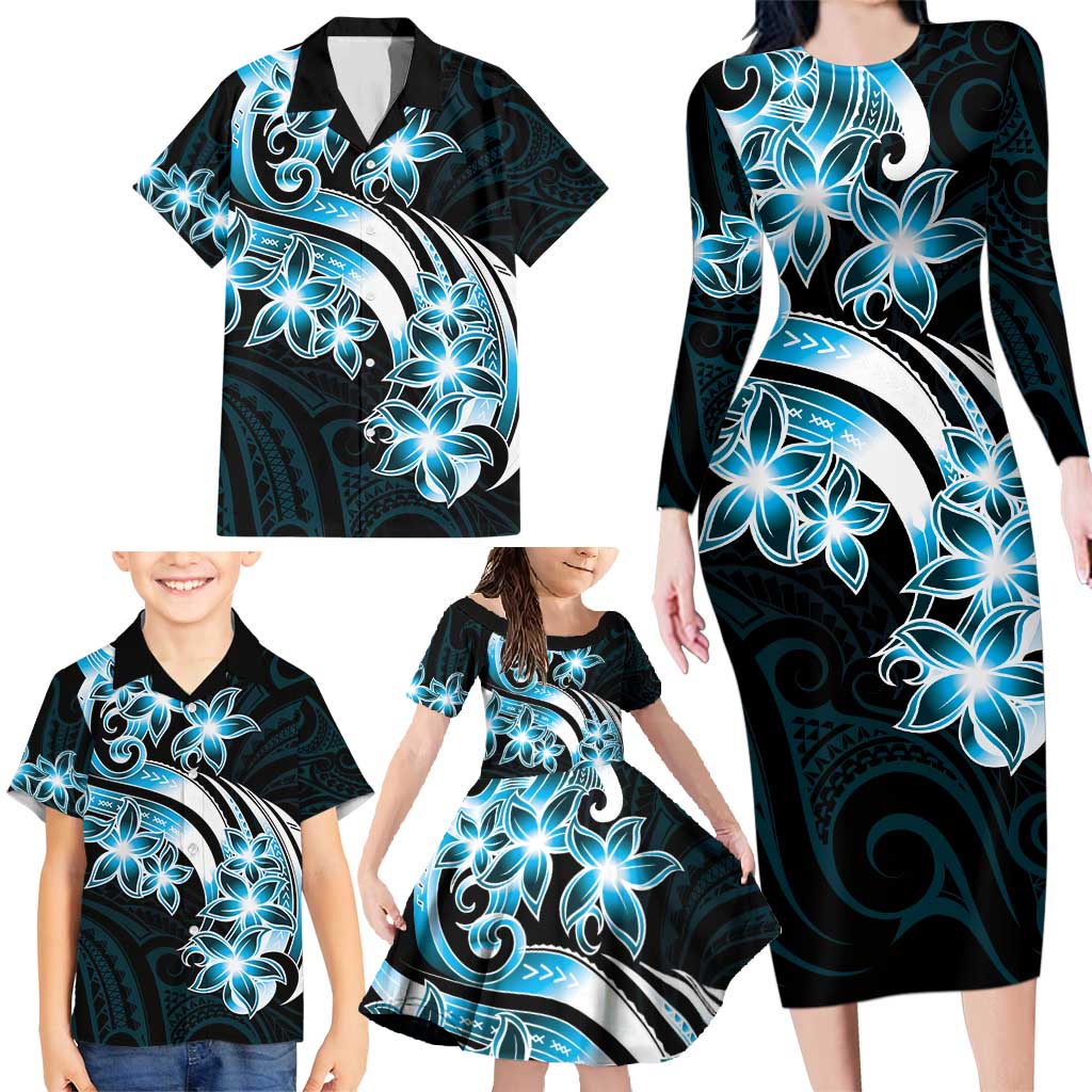 Plumeria Tribal Tattoo Family Matching Long Sleeve Bodycon Dress and Hawaiian Shirt Blue Polynesian Pattern LT9 - Polynesian Pride