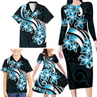 Plumeria Tribal Tattoo Family Matching Long Sleeve Bodycon Dress and Hawaiian Shirt Blue Polynesian Pattern LT9 - Polynesian Pride