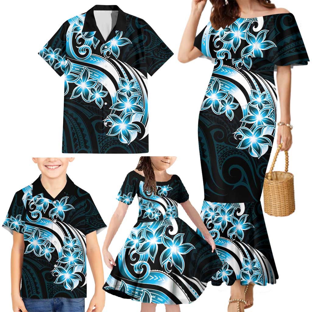 Plumeria Tribal Tattoo Family Matching Mermaid Dress and Hawaiian Shirt Blue Polynesian Pattern LT9 - Polynesian Pride