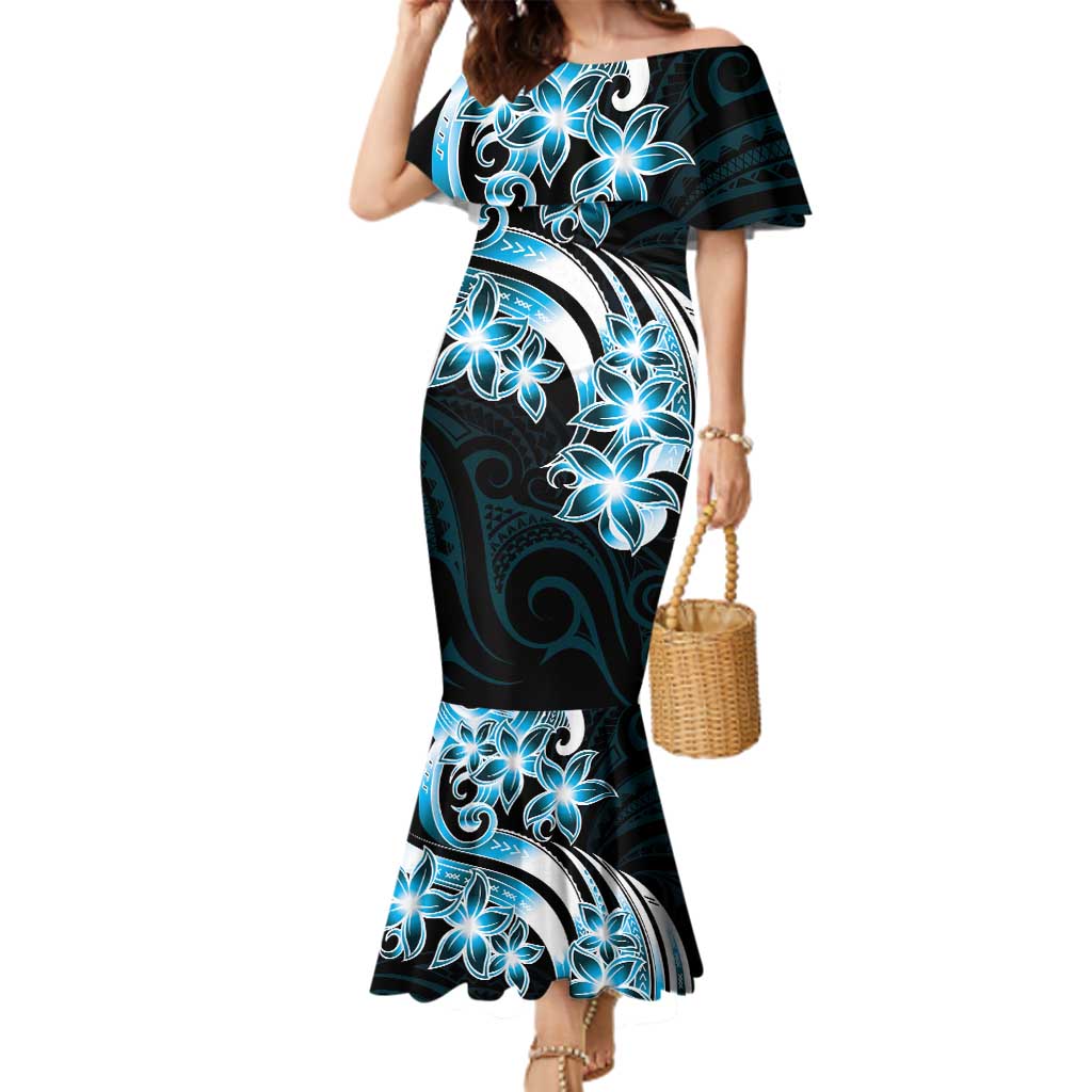 Plumeria Tribal Tattoo Family Matching Mermaid Dress and Hawaiian Shirt Blue Polynesian Pattern LT9 Mom's Dress Blue - Polynesian Pride