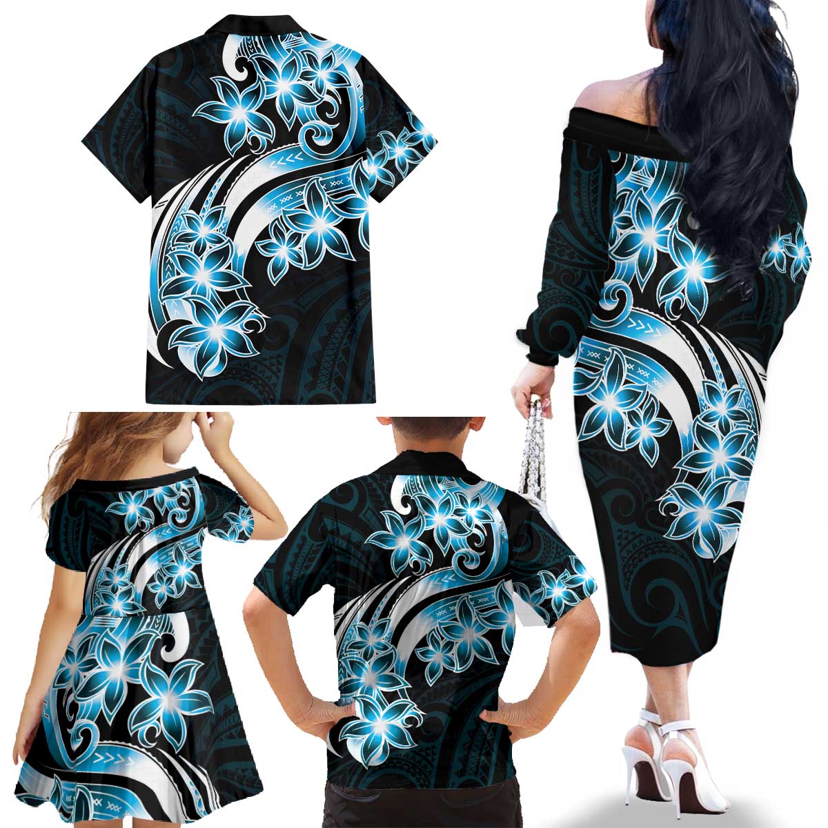 Plumeria Tribal Tattoo Family Matching Off The Shoulder Long Sleeve Dress and Hawaiian Shirt Blue Polynesian Pattern LT9 - Polynesian Pride