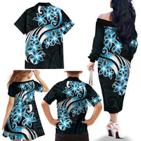 Plumeria Tribal Tattoo Family Matching Off The Shoulder Long Sleeve Dress and Hawaiian Shirt Blue Polynesian Pattern LT9 - Polynesian Pride