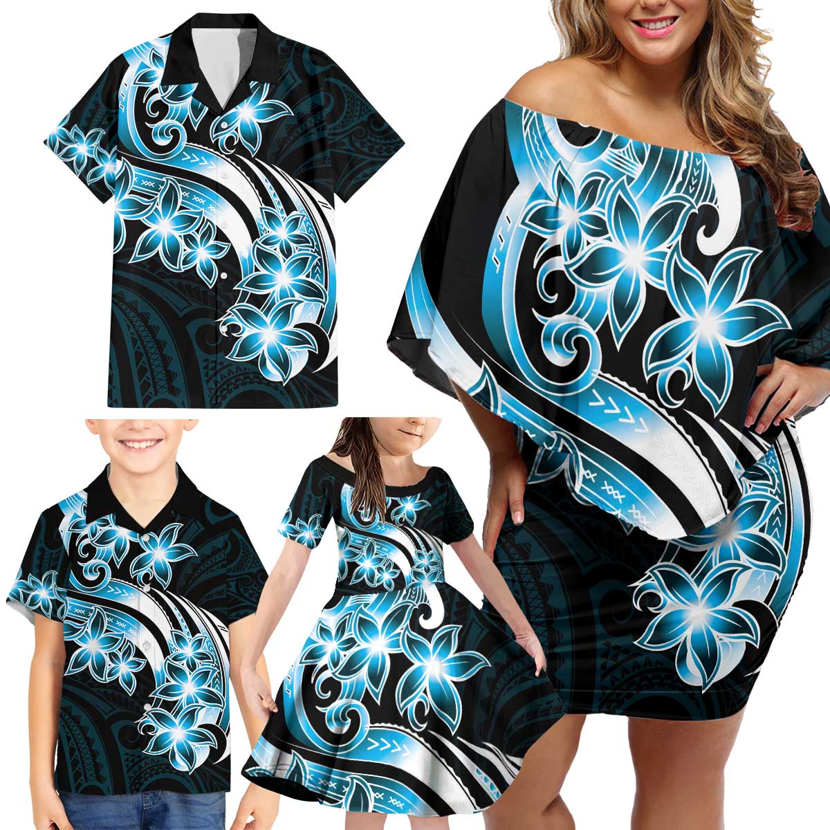 Plumeria Tribal Tattoo Family Matching Off Shoulder Short Dress and Hawaiian Shirt Blue Polynesian Pattern LT9 - Polynesian Pride