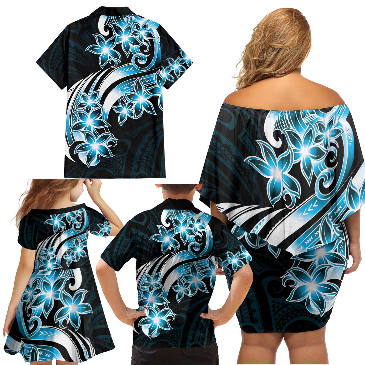 Plumeria Tribal Tattoo Family Matching Off Shoulder Short Dress and Hawaiian Shirt Blue Polynesian Pattern LT9 - Polynesian Pride
