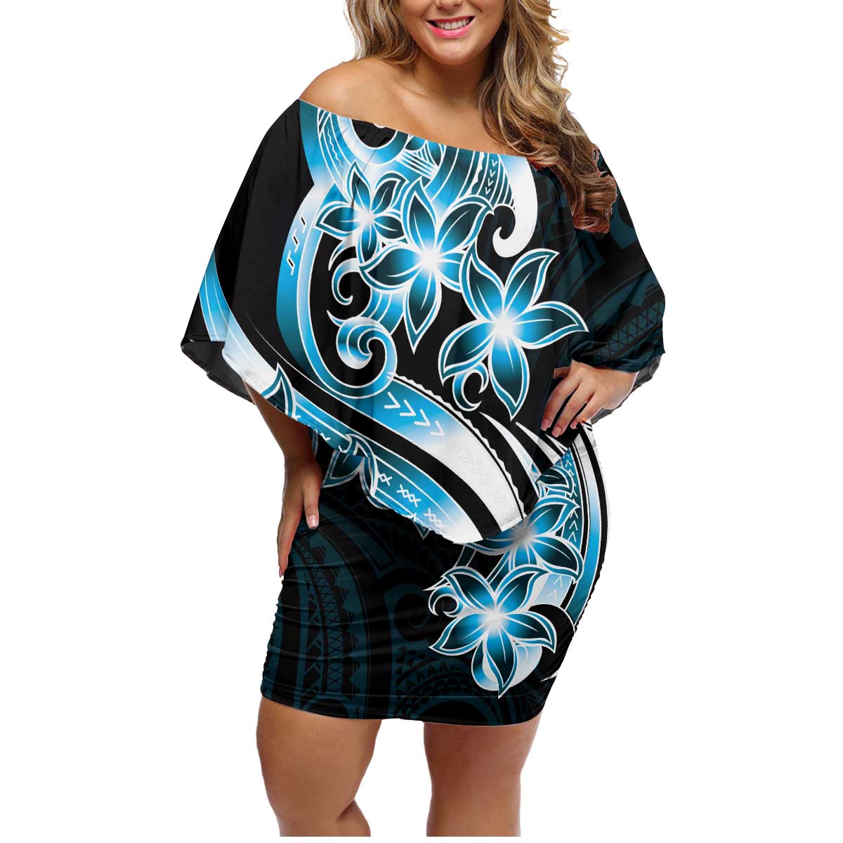 Plumeria Tribal Tattoo Family Matching Off Shoulder Short Dress and Hawaiian Shirt Blue Polynesian Pattern LT9 Mom's Dress Blue - Polynesian Pride
