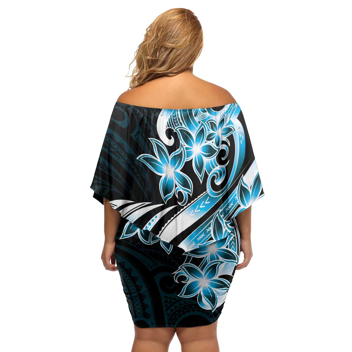 Plumeria Tribal Tattoo Family Matching Off Shoulder Short Dress and Hawaiian Shirt Blue Polynesian Pattern LT9 - Polynesian Pride