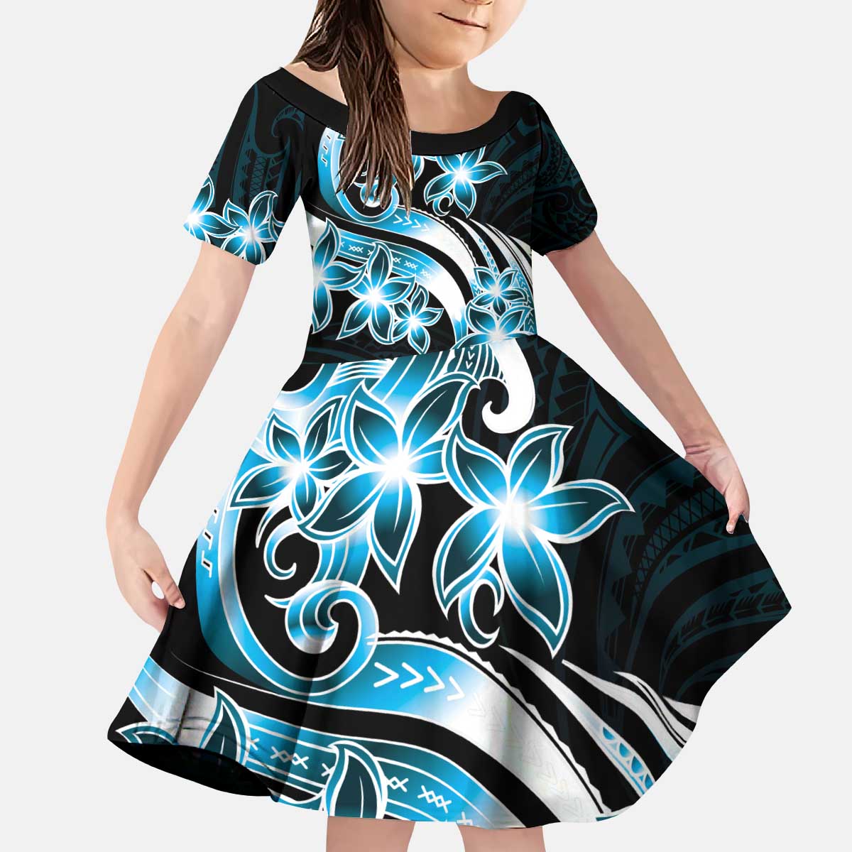 Plumeria Tribal Tattoo Family Matching Puletasi and Hawaiian Shirt Blue Polynesian Pattern LT9 Daughter's Dress Blue - Polynesian Pride