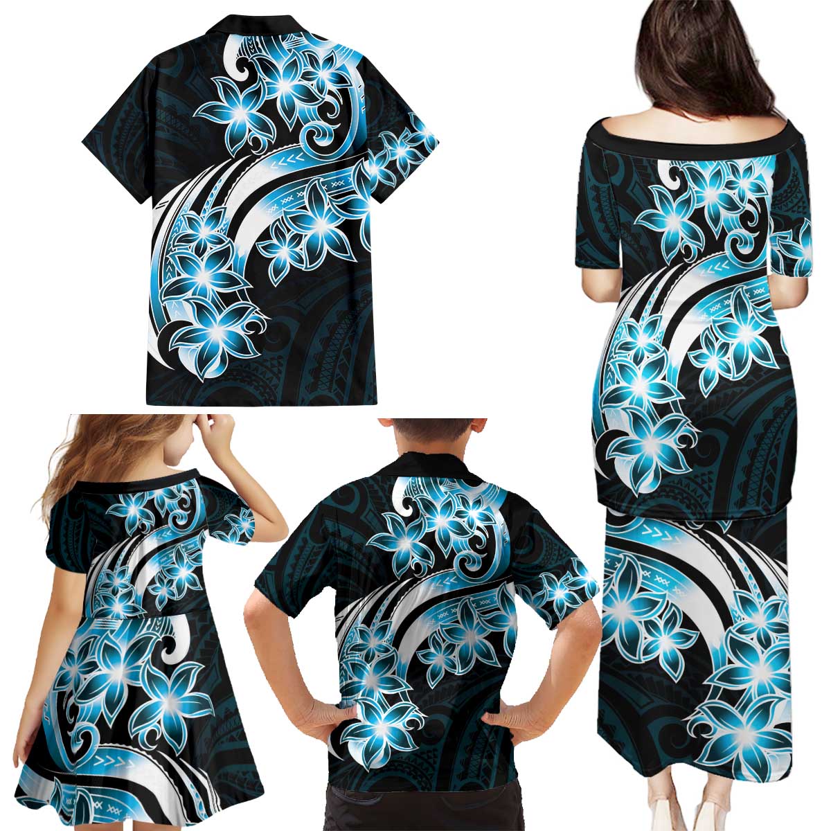 Plumeria Tribal Tattoo Family Matching Puletasi and Hawaiian Shirt Blue Polynesian Pattern LT9 - Polynesian Pride